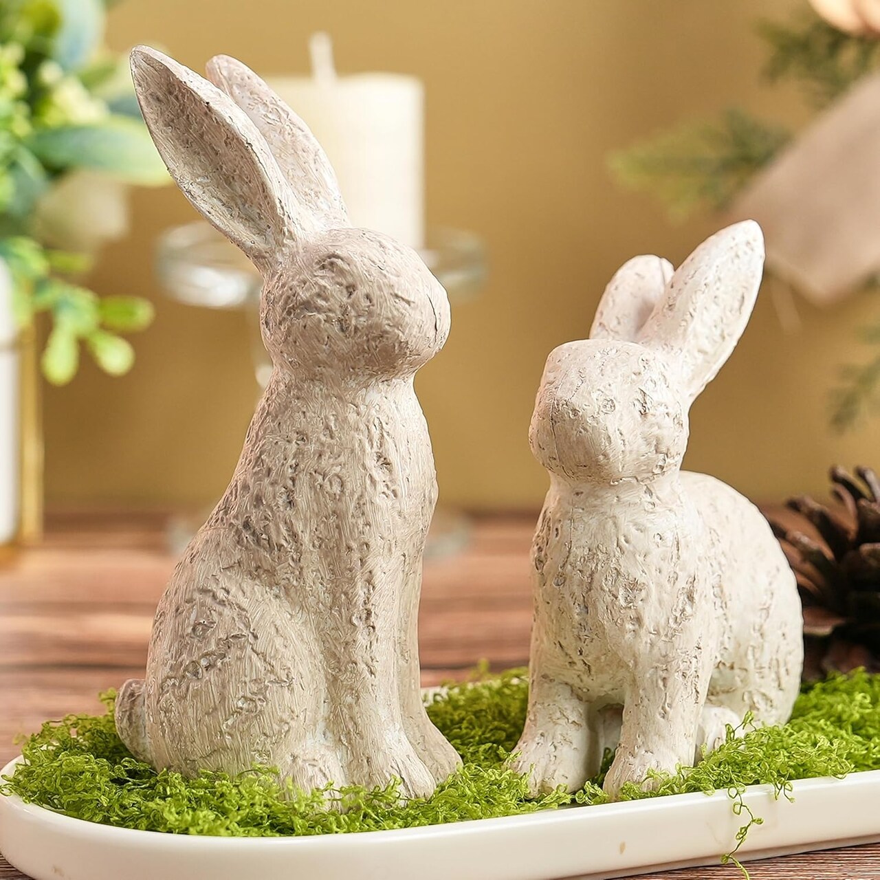 Beige Easter Bunny Decor – Set of 2 Resin Rabbit Figurines with Stone-Look Finish, Vintage Bunnies for Spring Table Centerpiece, Rustic Farmhouse Home, Mantel & Shelf Décor